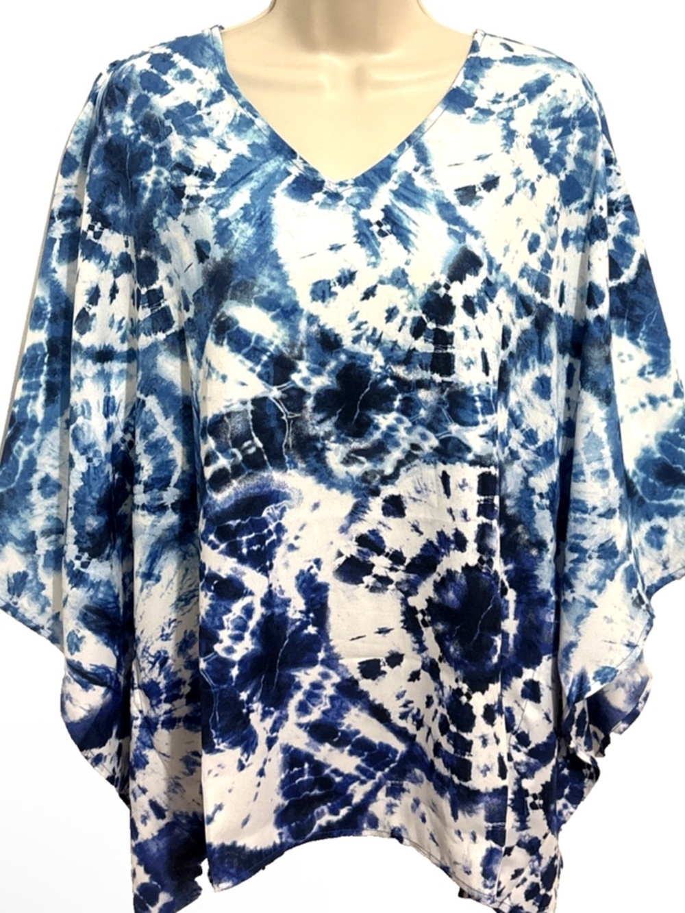 Women’s Belle by Kim Gravel Woven Aloha Blue & White Poncho Tie-Dye V-Neck Sz:3X